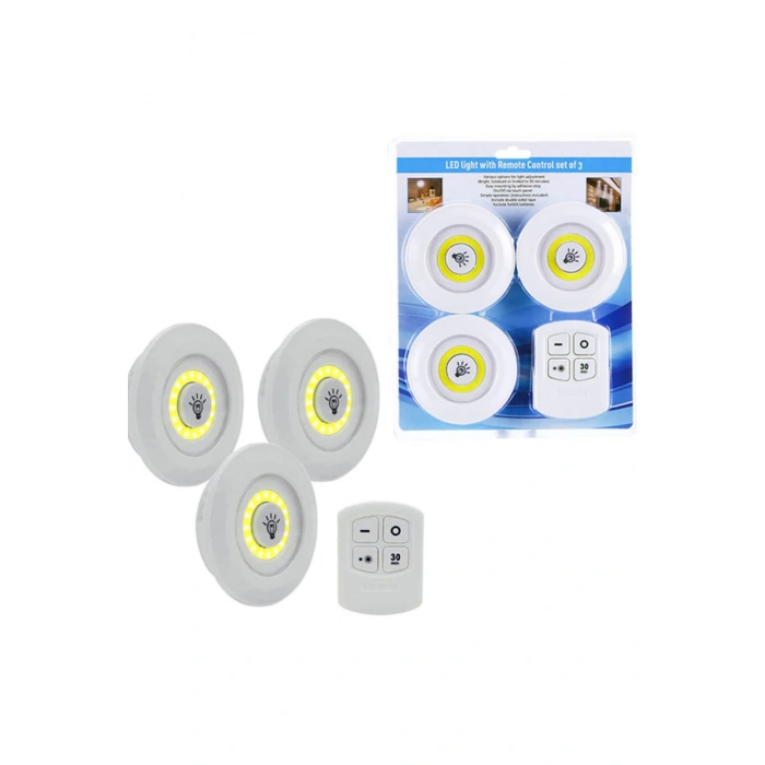 3lü Uzaktan Kumandalı Yapışkanlı Kablosuz Led Spot Lambalar (4887)