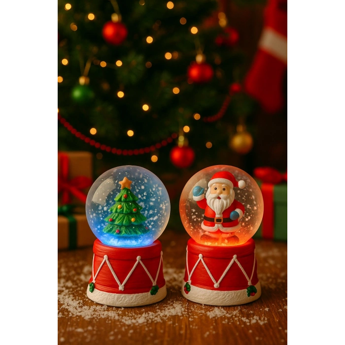 4 Adet Led Işıklı Mini Kar Küresi 6,5 cm – Noel Baba & Kardan Adam  & Çam Ağacı Dekoratif Biblo