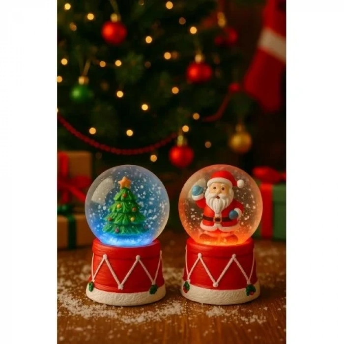 4 Adet Led Işıklı Mini Kar Küresi 6,5 cm – Noel Baba & Kardan Adam  & Çam Ağacı Dekoratif Biblo