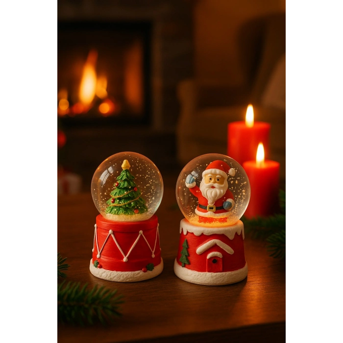 4 Adet Led Işıklı Mini Kar Küresi 6,5 cm – Noel Baba & Kardan Adam  & Çam Ağacı Dekoratif Biblo