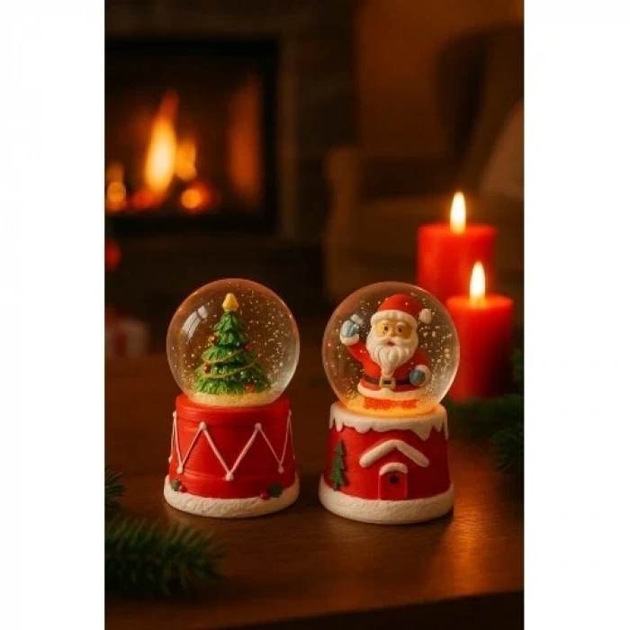 4 Adet Led Işıklı Mini Kar Küresi 6,5 cm – Noel Baba & Kardan Adam  & Çam Ağacı Dekoratif Biblo