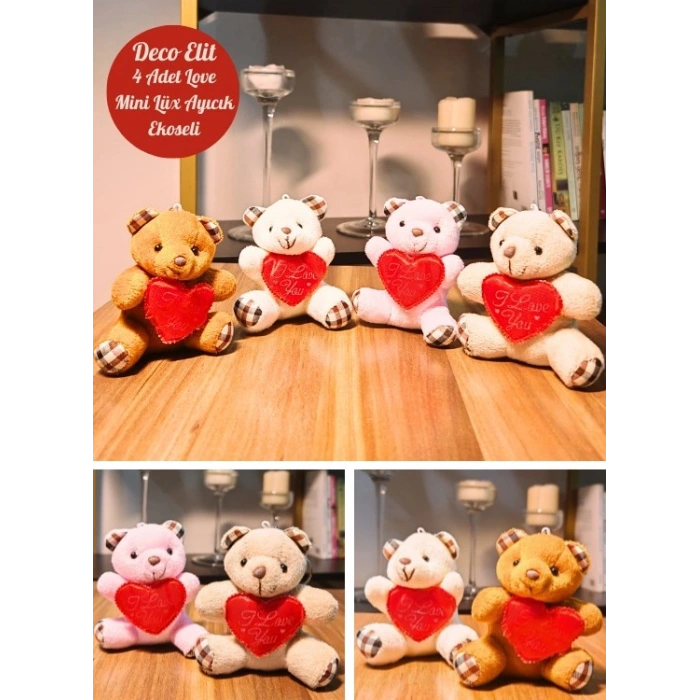 4 Adet Mini Lüx Ayıcık Kalpli Love Yazılı Hediyelik Ayıcık 11 cm x 9 cm