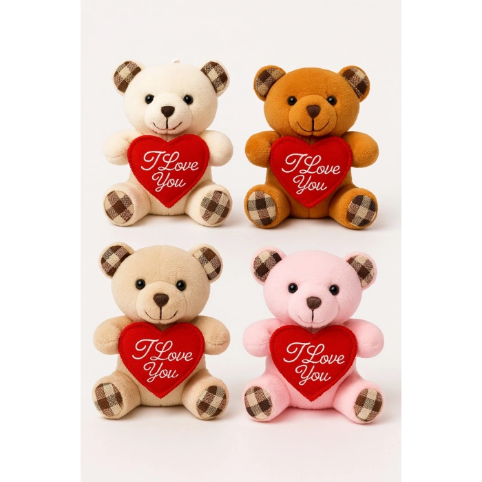 4 Adet Sevimli Mini Peluş Ayıcık - Kalpli I Love You Mesajlı 11x9 cm