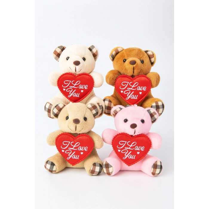 4 Adet Sevimli Mini Peluş Ayıcık - Kalpli I Love You Mesajlı 11x9 cm