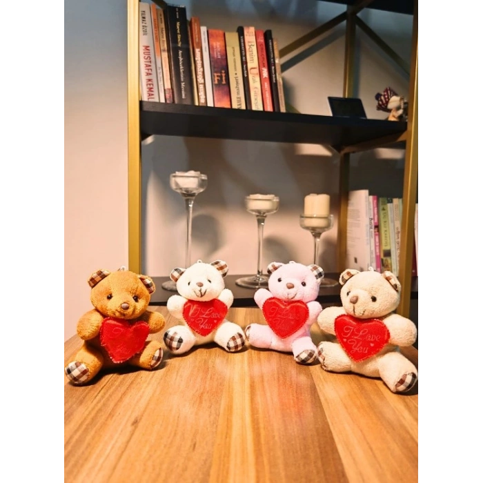 4 Adet Sevimli Mini Peluş Ayıcık - Kalpli I Love You Mesajlı 11x9 cm