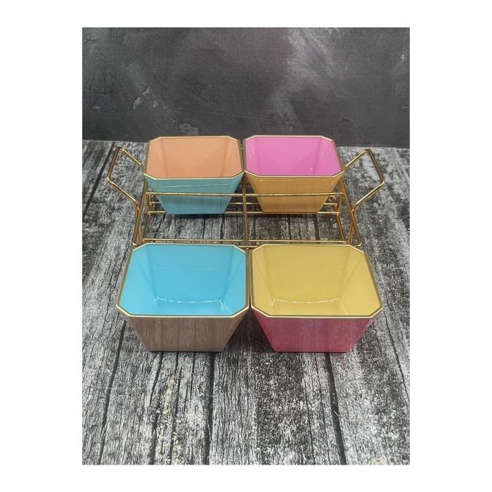 4 Bölmeli Gold Standlı Cam Kahvaltılık Çerezlik Sunumluk Renkli