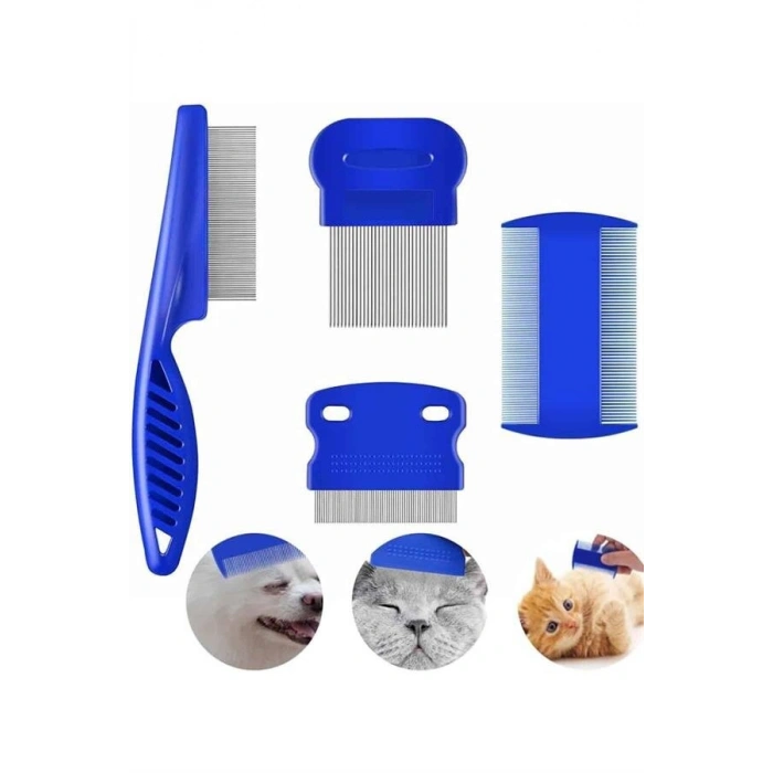 4lü Bit Pire Tarağı Set Kedi Köpek Evcil Hayvan Tüy Toplayıcı Mavi