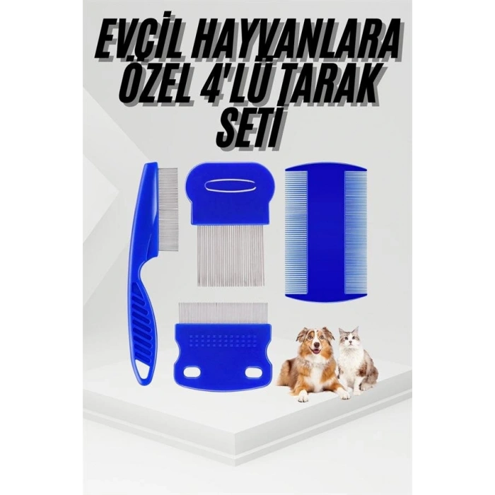 4lü Bit Pire Tarağı Set Kedi Köpek Evcil Hayvan Tüy Toplayıcı Mavi