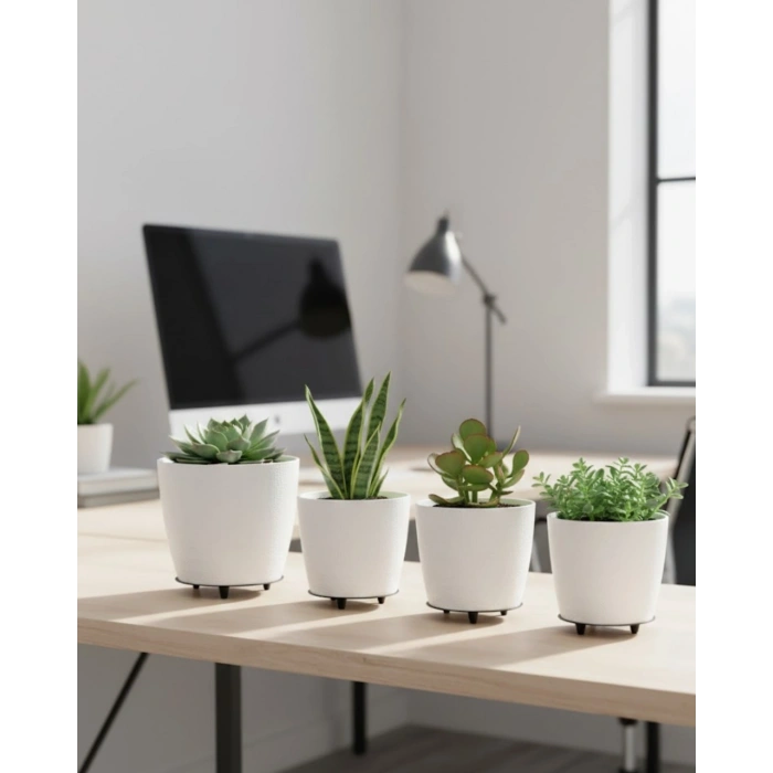 4’lü 3d Beyaz Minimal Dekoratif Vazo Ayaklı Saksı Takımı