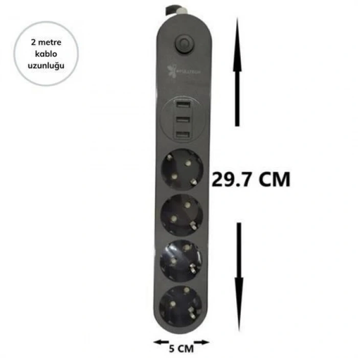 4lü Siyah Anahtarlı 3 Usb Li Akım Korumalı Topraklı Çocuk Korumalı Grup Priz 2 Metre