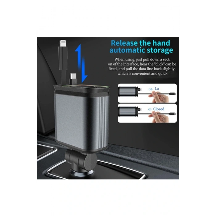 4’ü 1 Arada Çift Usb Bağlantı Çakmaklık, Type-c Hızlı Şarjlı 66w,geri Çekilebilir Araç Telefon Şarj Cihazı