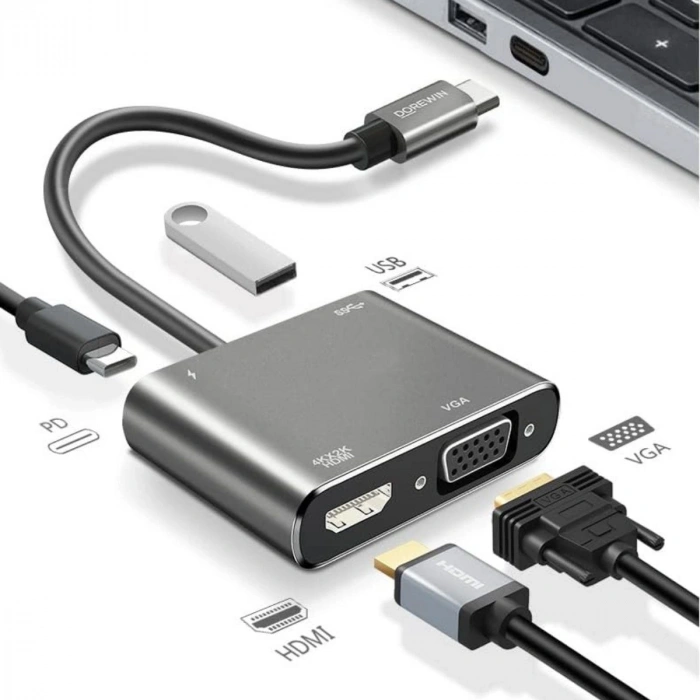 4’ü 1 Arada Type-C to Hub Dönüştürücü Adaptör – 4K Ultra HD HDMI &amp; VGA Görüntü Aktarımı, PD Hızlı Şarj Destekli, USB Çoklayıcı (4887)