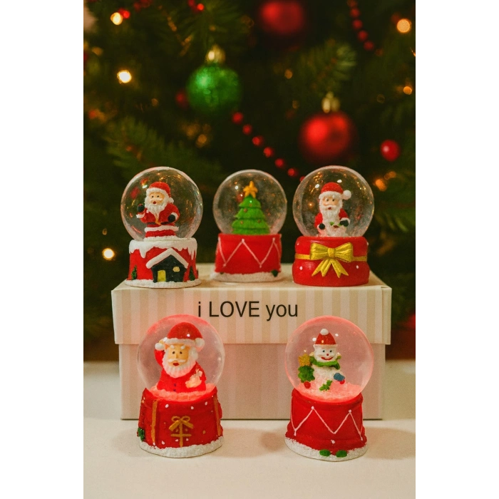 5 Adet LED Işıklı Mini Kar Küresi 6,5 cm – Yılbaşı Noel Yeni Yıl Hediyesi & Dekoratif Hediyelik