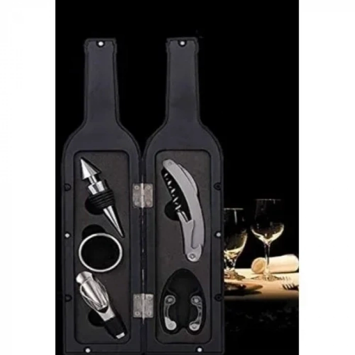 5 Parça Çelik Şişe Açacağı Seti Dekoratif Kılıf ile Şık Hediye Seti , Wine Opener Gift Set