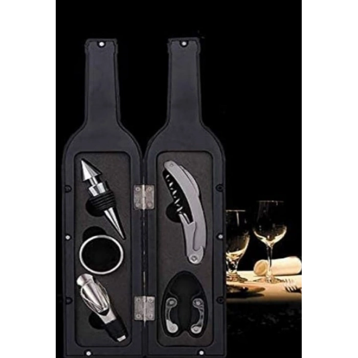 5 Parça Çelik Şişe Açacağı Seti Dekoratif Kılıf ile Şık Hediye Seti , Wine Opener Gift Set