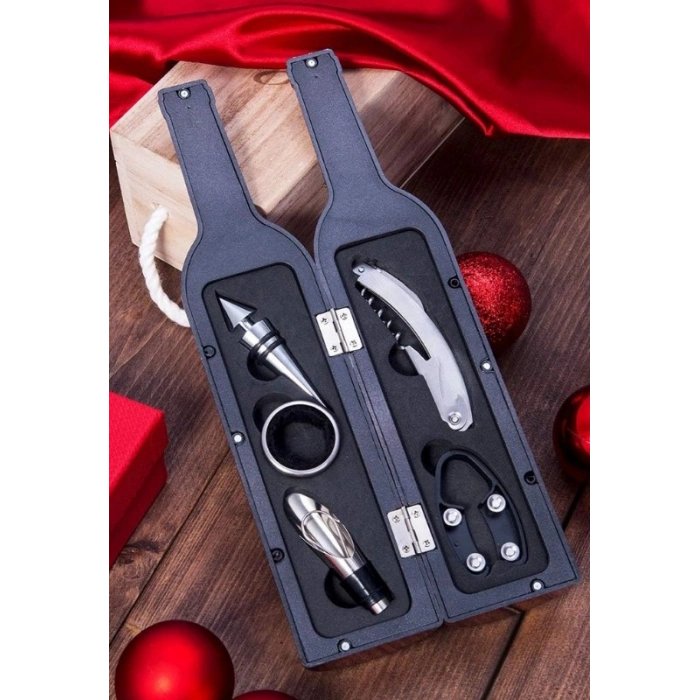 5 Parça Çelik Şişe Açacağı Seti Dekoratif Kılıf ile Şık Hediye Seti , Wine Opener Gift Set