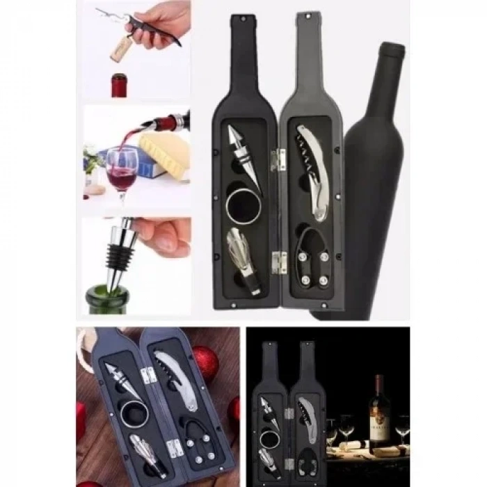 5 Parça Çelik Şişe Açacağı Seti Dekoratif Kılıf ile Şık Hediye Seti , Wine Opener Gift Set