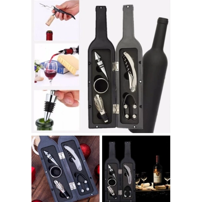 5 Parça Çelik Şişe Açacağı Seti Dekoratif Kılıf ile Şık Hediye Seti , Wine Opener Gift Set