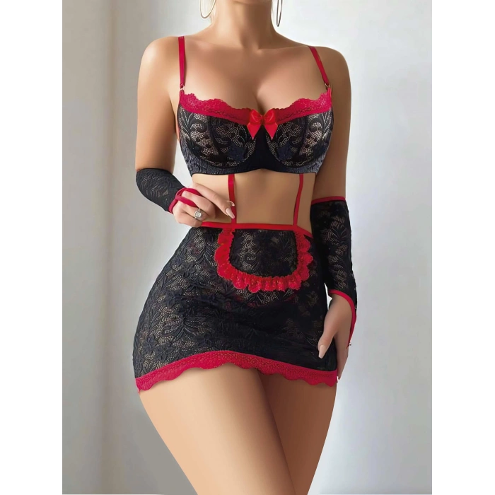 5 parça Kırmızı Siyah Dantel Çiçek Desen Hizmetçi Model Özel Fantazi Tanga Hediyeli 3815