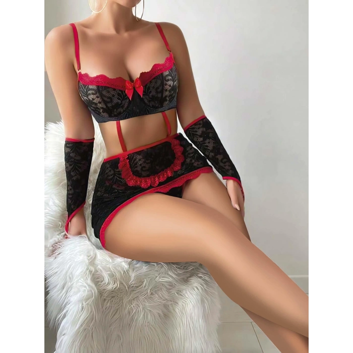 5 parça Kırmızı Siyah Dantel Çiçek Desen Hizmetçi Model Özel Fantazi Tanga Hediyeli 3815