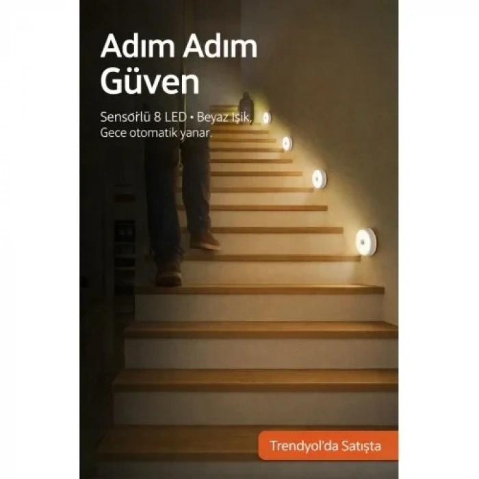 6 Adet Hareket Sensörlü Beyaz Işık Led Gece Lambası – Kablosuz 8 Ledli | Merdiven, Koridor