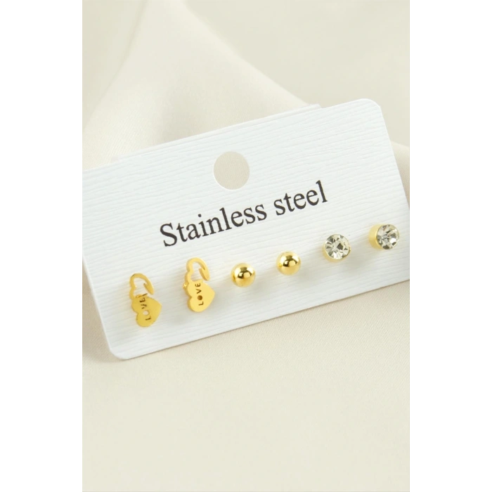 6 Adet Kalp Taşlı Çelik Küpe