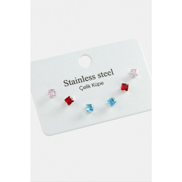 6 Adet Kare Zirkon Tek Taşlı Çelik Küpe