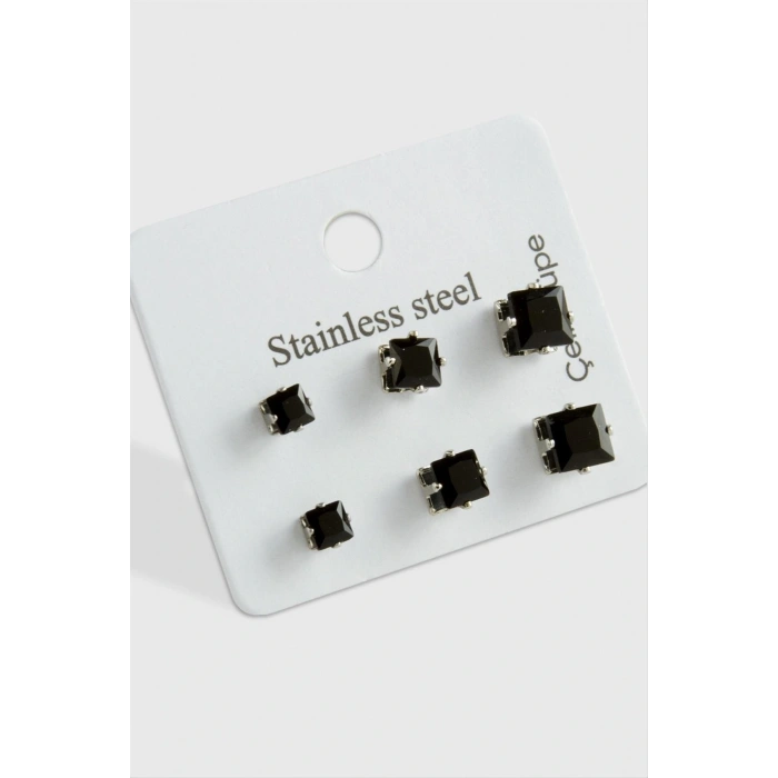 6 Adet Kare Zirkon Tek Taşlı Çelik Küpe