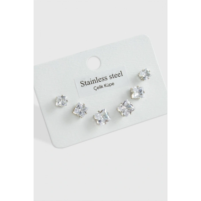 6 Adet Kare Zirkon Tek Taşlı Çelik Küpe ( Küçük Kare )