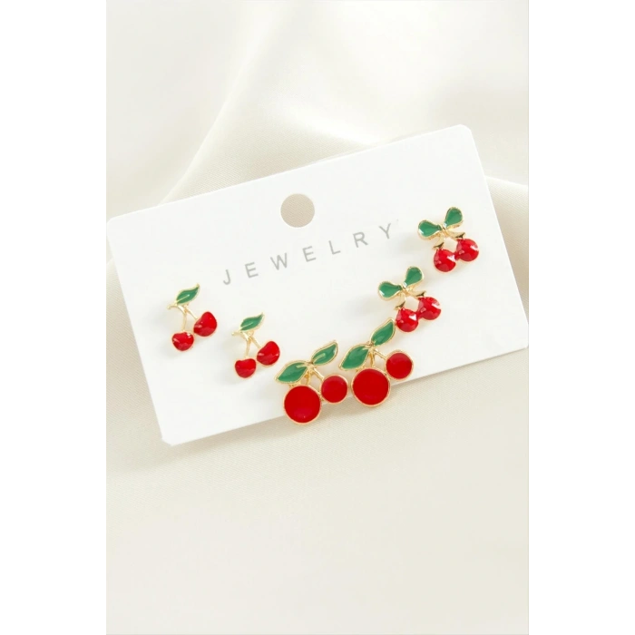 6 Adet Kiraz Mineli Metal Küpe