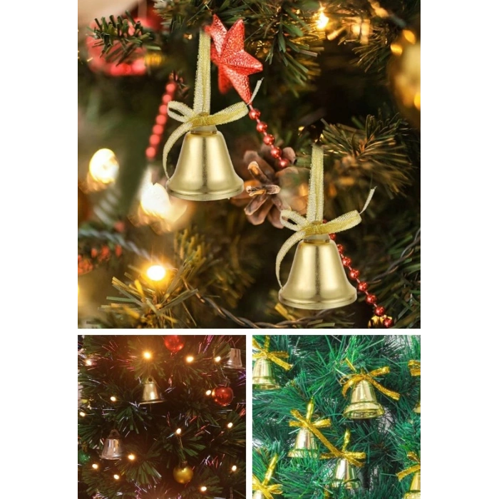 6 Adet Mini Çan Süs Yılbaşı Çam Ağacı Süsü 4 cm Altın Sarısı Kurdeleli Zil Gold Yılbaşı Çam Ağacı