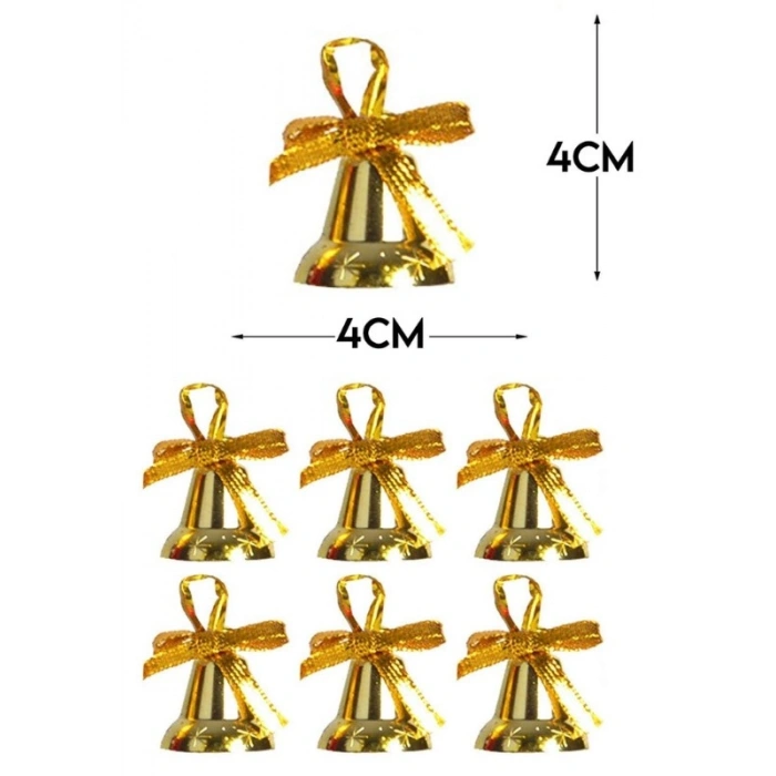 6 Adet Mini Çan Süs Yılbaşı Çam Ağacı Süsü 4 cm Altın Sarısı Kurdeleli Zil Gold Yılbaşı Çam Ağacı