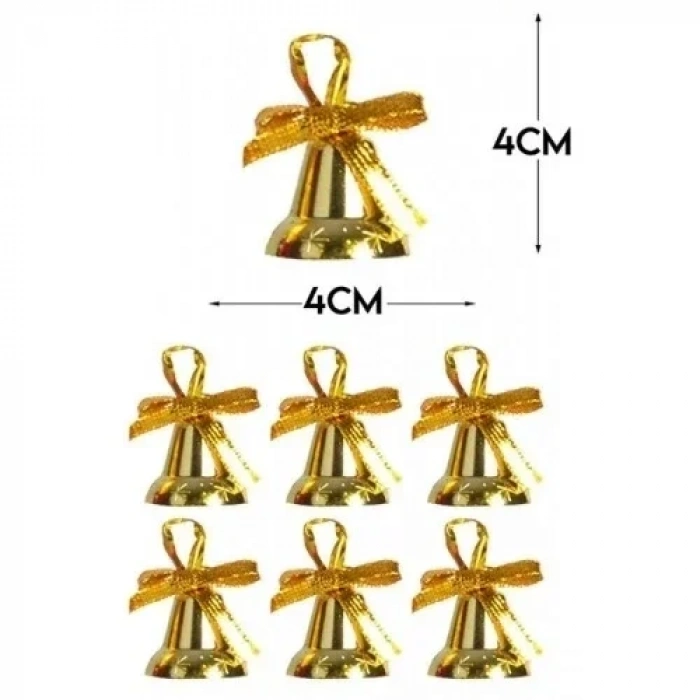 6 Adet Mini Çan Süs Yılbaşı Çam Ağacı Süsü 4 cm Altın Sarısı Kurdeleli Zil Gold Yılbaşı Çam Ağacı