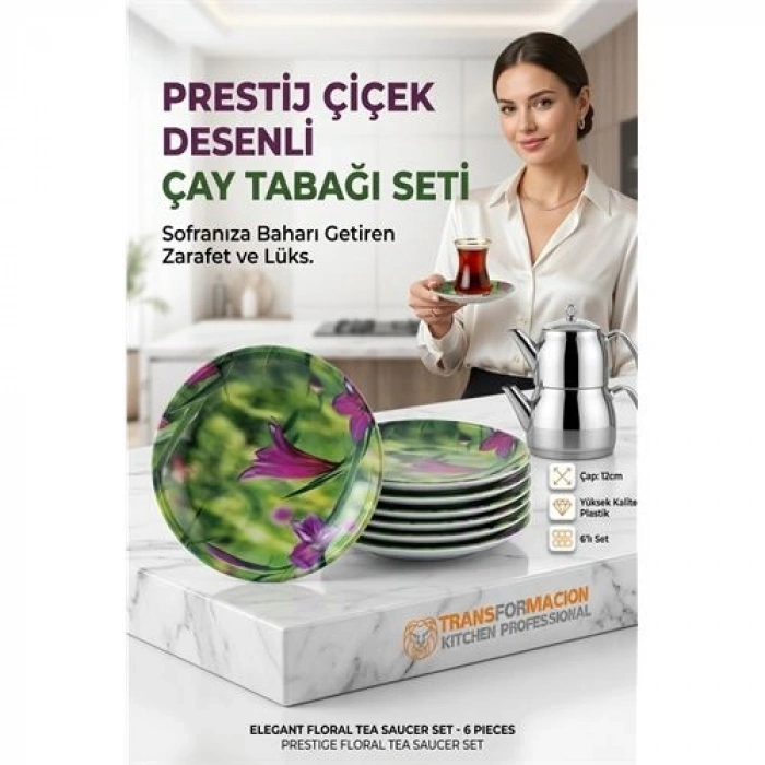 6lı Çiçek Desenli Kırılmaz Çay Tabağı Seti | Lüks Plastik Sunum Tabağı 723189