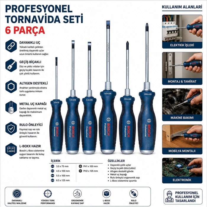 6 Parça Profesyonel Tornavida Seti (PH2 / PH1 / 3.5 / 4.5 / 5.5 / 6.5)