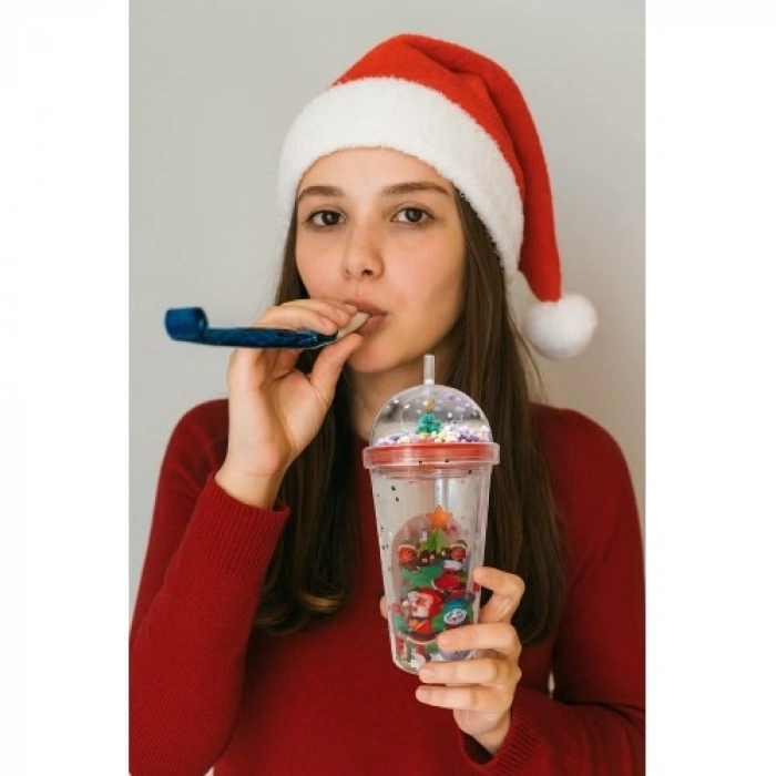 Noel Baba & Yılbaşı Temalı Pipetli Suluk 450 ML Çift Katman Mika Su Şişesi 2768