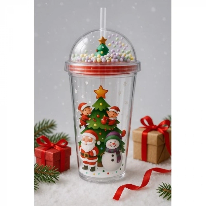 Noel Baba & Yılbaşı Temalı Pipetli Suluk 450 ML Çift Katman Mika Su Şişesi 2768