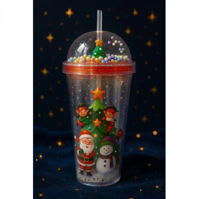 Noel Baba & Yılbaşı Temalı Pipetli Suluk 450 ML Çift Katman Mika Su Şişesi 2768