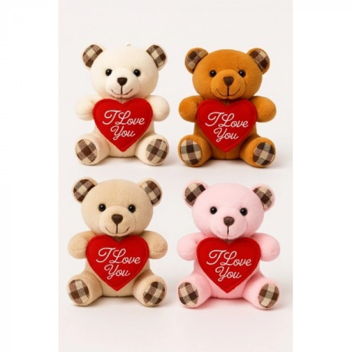 4 Adet Sevimli Mini Peluş Ayıcık - Kalpli I Love You Mesajlı 11x9 cm