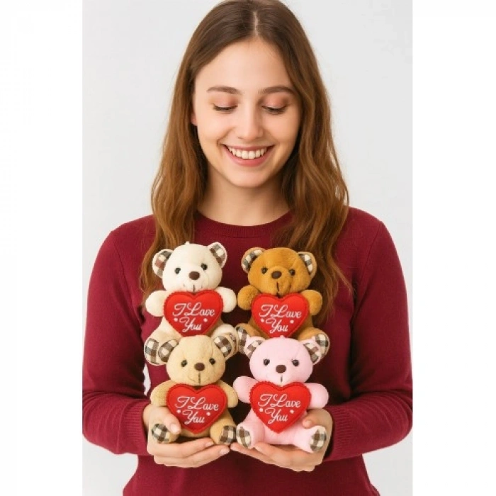 4 Adet Sevimli Mini Peluş Ayıcık - Kalpli I Love You Mesajlı 11x9 cm