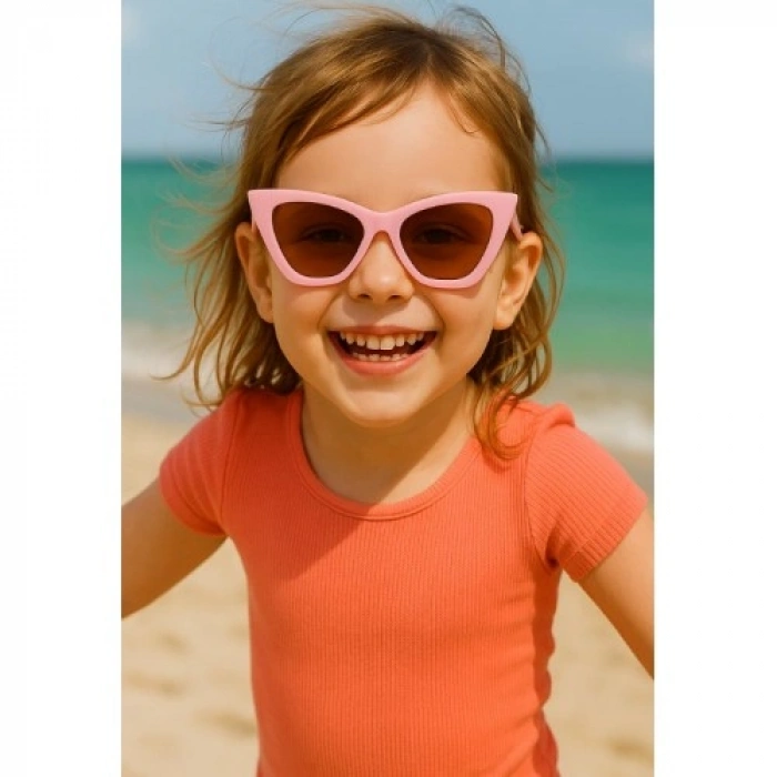 Kids Güneş Gözlüğü Pembe Çekik Çerçeve UV 400 Korumalı CE Belgeli Çocuk Güneş Gözlüğü