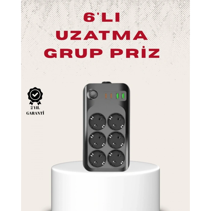 6’lı Grup Priz Termal Korumalı Usb Type-c Çoklu Priz 2 Metre Kablo