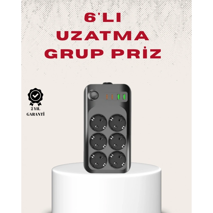 6’lı Grup Priz Termal Korumalı USB Type-C Çoklu Priz 2 Metre Kablo