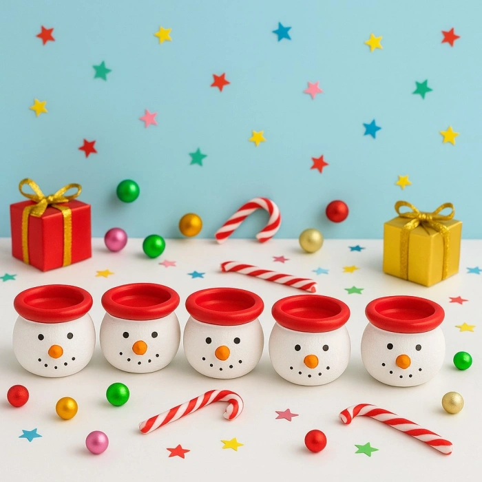 6’lı Kardan Adam Figürlü Mini Tealight Mumluk Seti – El Boyaması Seramik Yeni Yıl Dekoru 5x5 cm