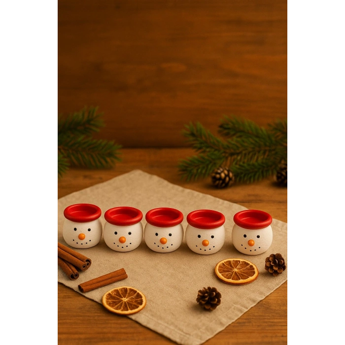 6’lı Kardan Adam Figürlü Mini Tealight Mumluk Seti – El Boyaması Seramik Yeni Yıl Dekoru 5x5 cm
