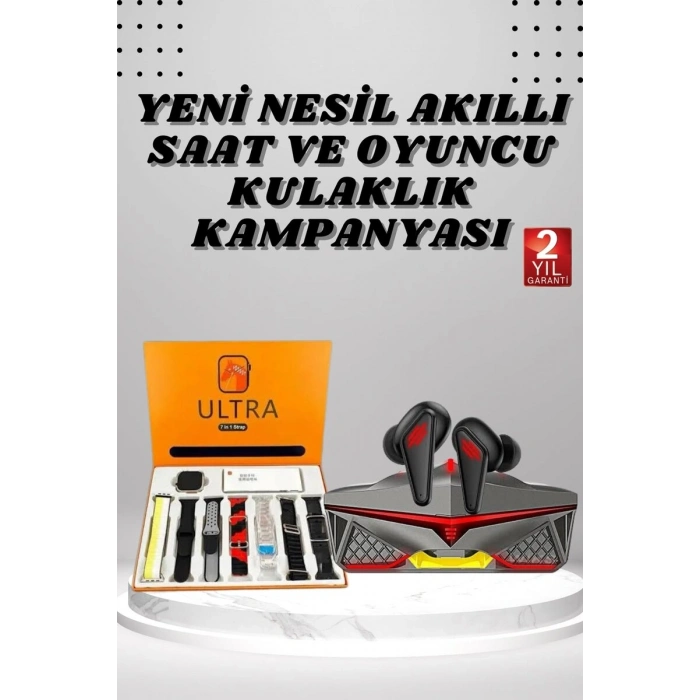 7 Kordonlu Akıllı Saat Ve Oyuncu Kulaklığı Bluetooth Bağlantılı Android Ve İos Uyumlu