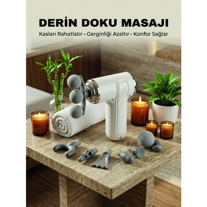 8 Başlıklı Şarjlı Masaj Tabancası 6 Kademeli Hız Ayarlı Derin Doku Kas Masaj Aleti
