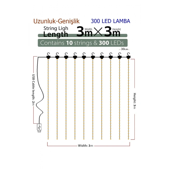 8 Fonksiyonlu Peri Perde Led Uzaktan Kumandalı Günışığı Perde Peri Led (3 mt x 3 mt)