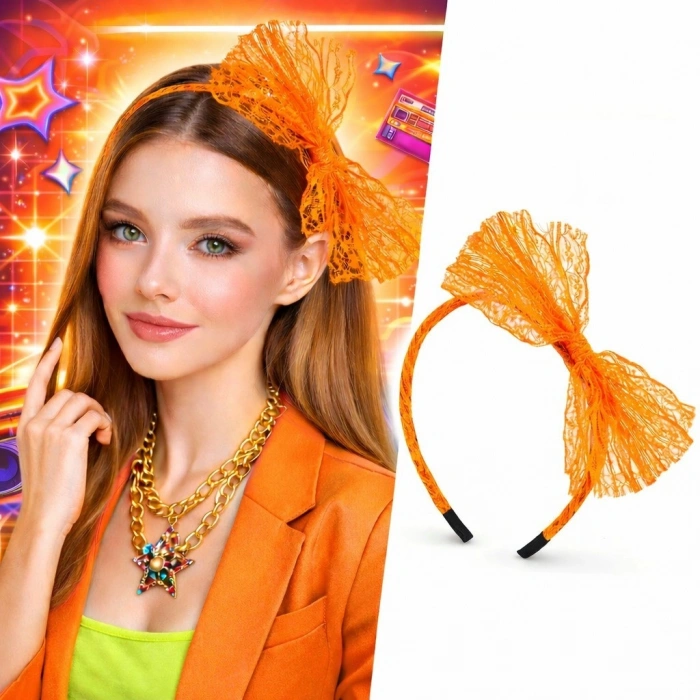 80’ler 90’lar Neon Turuncu Dantel Taç Fiyonklu