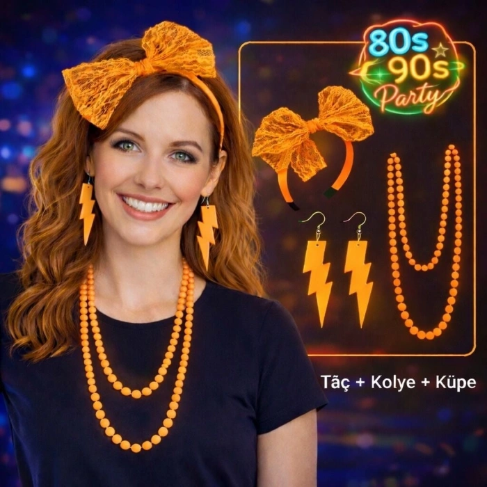 80’ler 90’lar Neon Turuncu Parti Seti – Kolye Küpe Taç